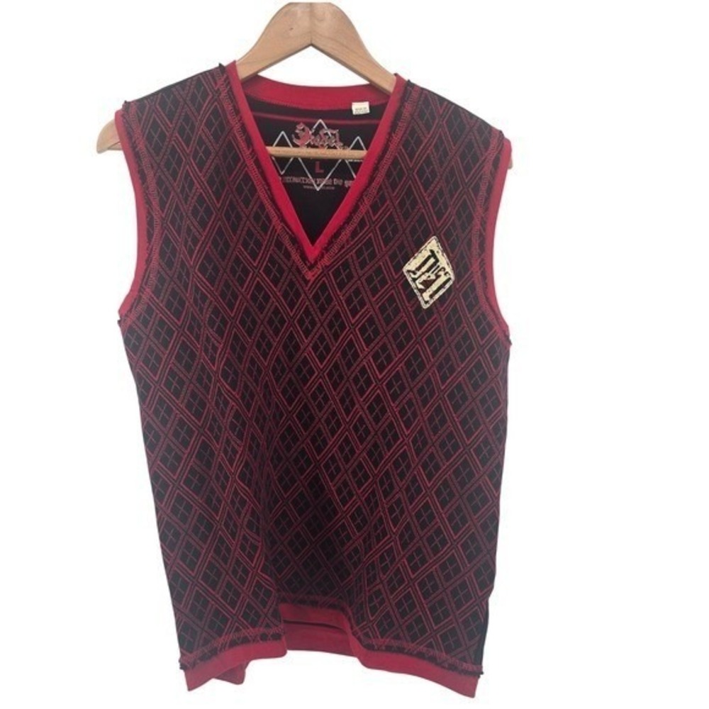 Diesel Sweater Vest Mens Large Black Red Argyle V-Neck Grunge Punk Cotton Knit